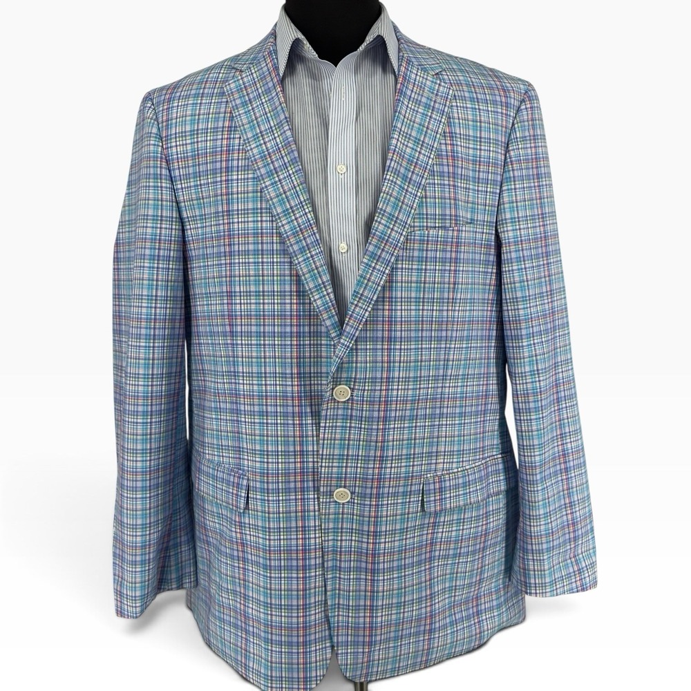 Crown & Ivy Mens Blazer 46L Blue Plaid Cotton Sport Coat Flamingo Lining Preppy